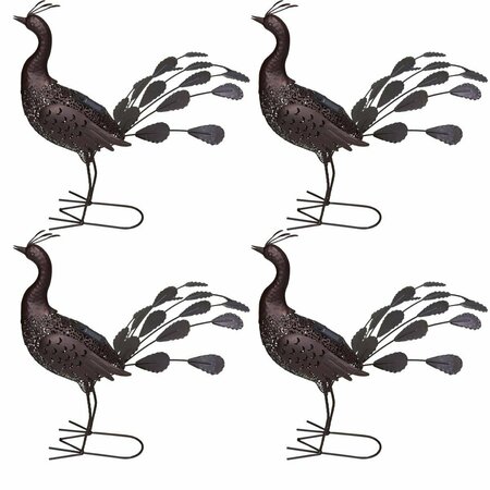 PISOS 22 in. Steel Animal Garden Peacock Metal Sculpture Statue w/Solar Light & Ground Stake, Bronze, 4PK PI2469783